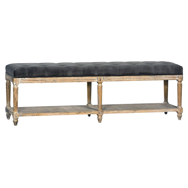 Mariel Upholstered Bench with Tufting and Shelf, Charcoal Grey