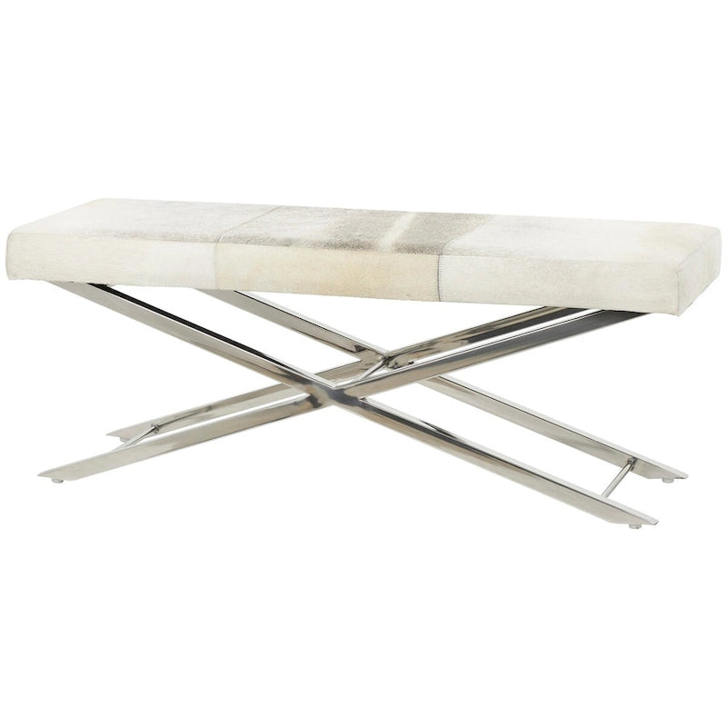 Leather Bench or Stool with Silver X-Shaped Stainless Metal Base - Beige or Gray - Roche River Decor