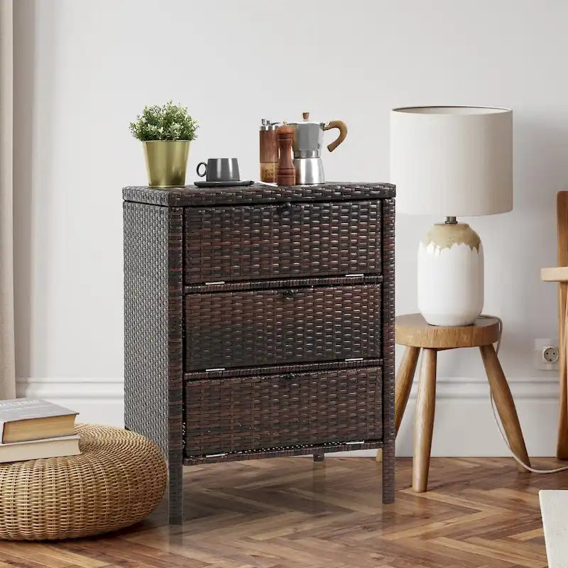 HOMEFUN Rattan Storage Cabinet With 3 drawers