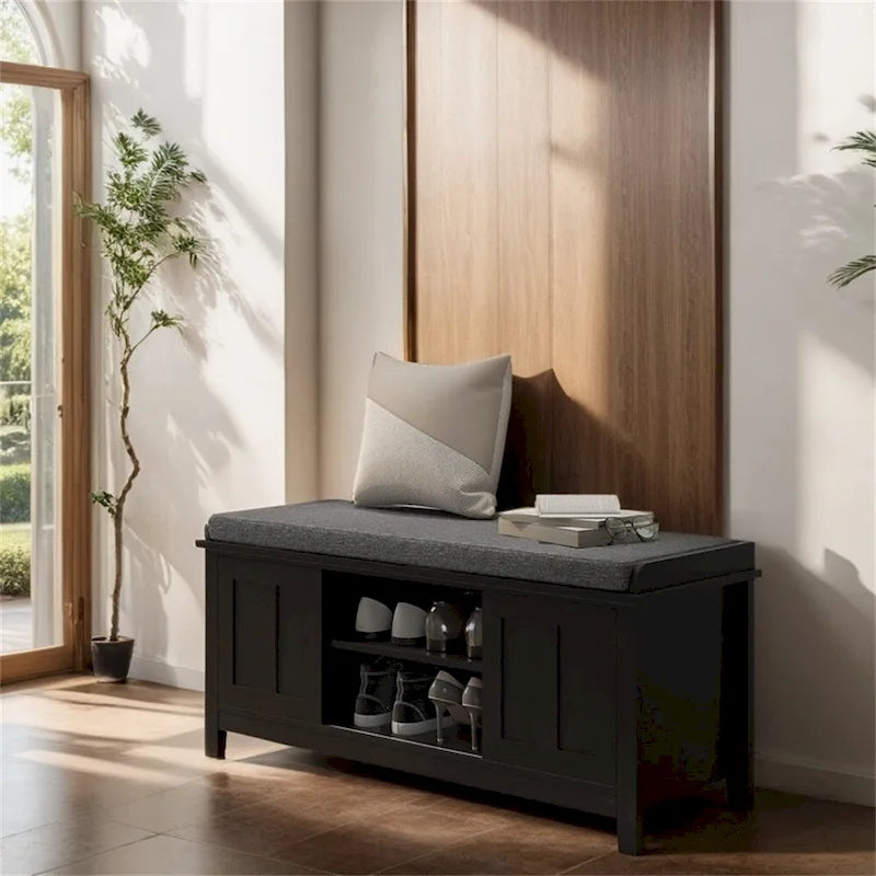 Entryway Shoe Bench Storage Ottoman w/Sliding Door,Adjustable Shelving