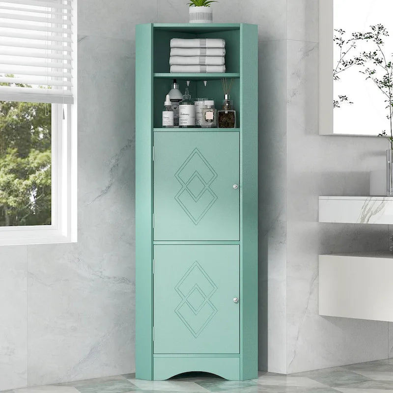 Tall Bathroom Corner Cabinet, Freestanding Storage Cabinet with Doors and Adjustable Shelves, MDF Board, Green