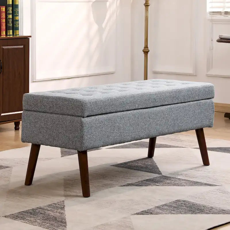 Linen Tufted Storage Bench with Safety Hinge and Wood Legs