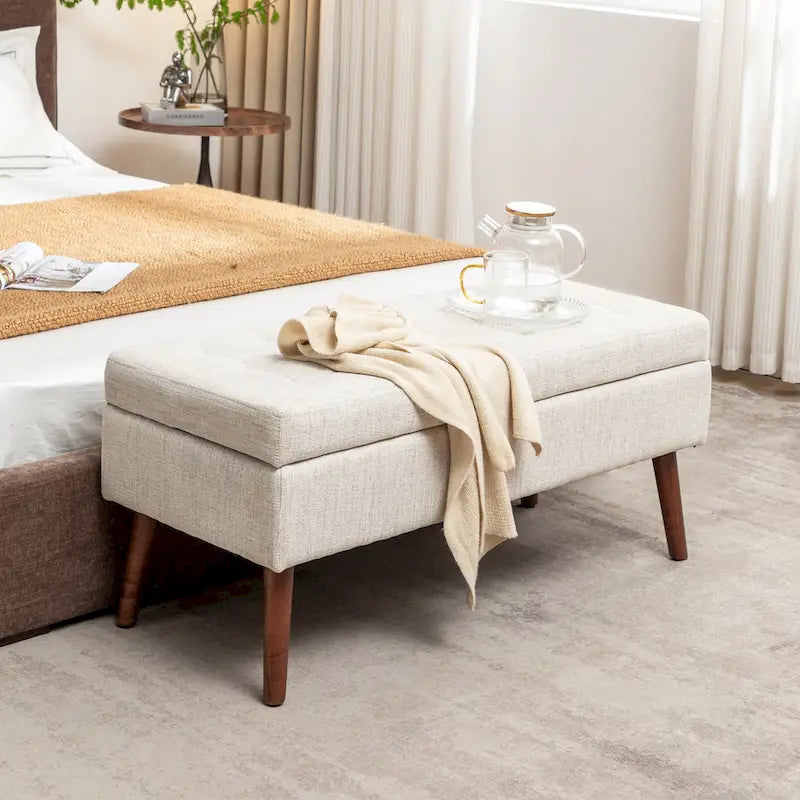 Linen Tufted Storage Bench with Safety Hinge and Wood Legs