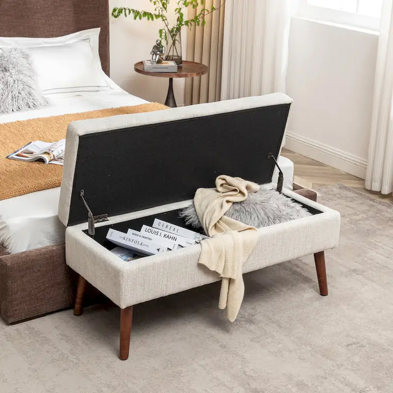 Linen Tufted Storage Bench with Safety Hinge and Wood Legs