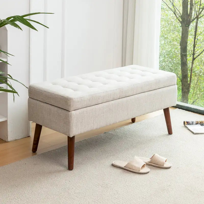 Linen Tufted Storage Bench with Safety Hinge and Wood Legs