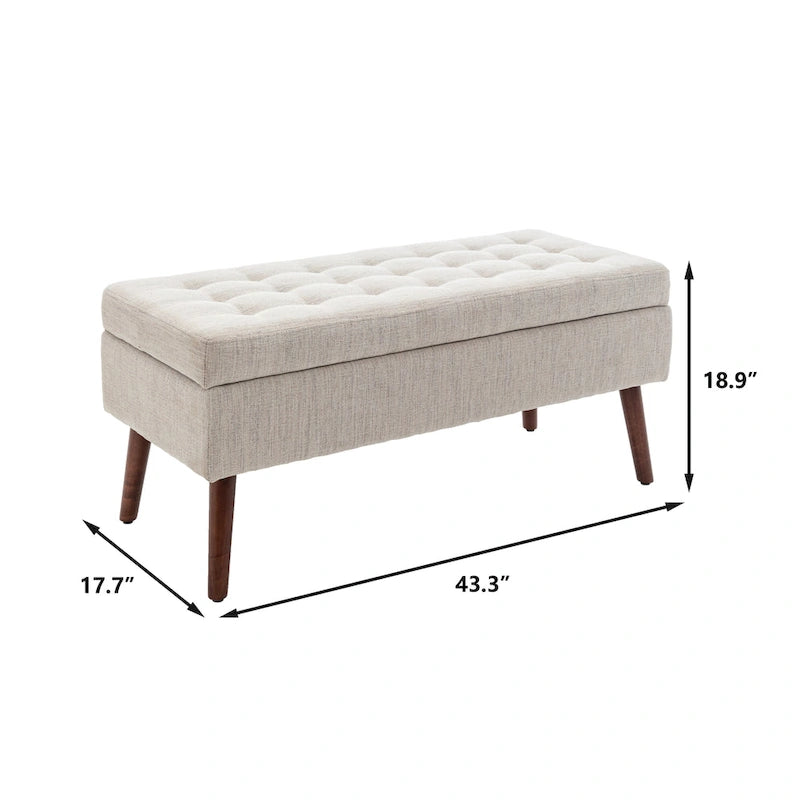 Linen Tufted Storage Bench with Safety Hinge and Wood Legs