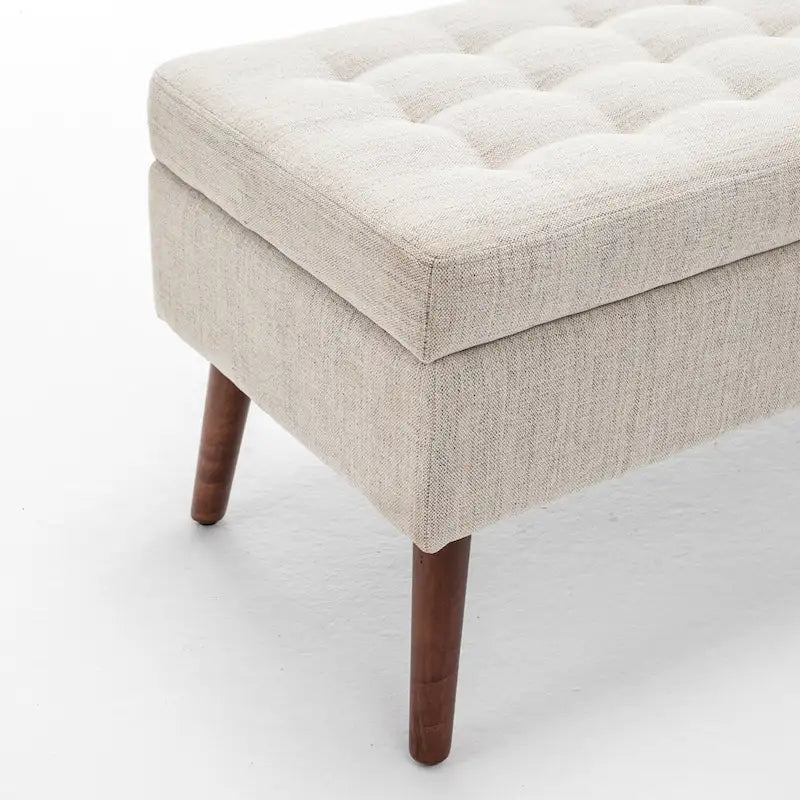 Linen Tufted Storage Bench with Safety Hinge and Wood Legs