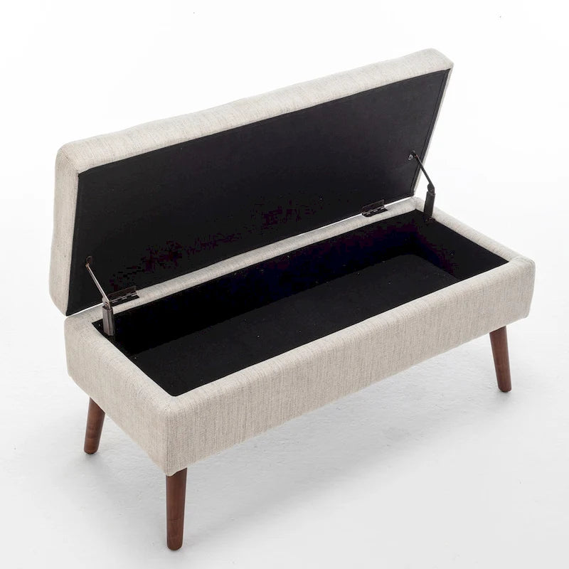 Linen Tufted Storage Bench with Safety Hinge and Wood Legs