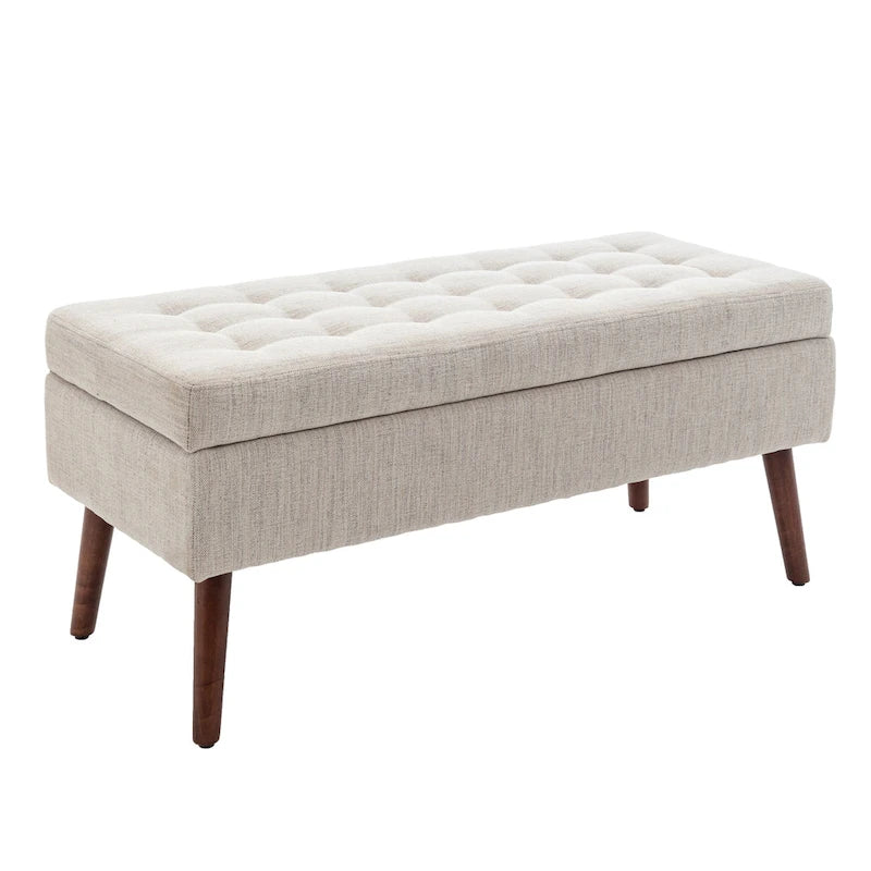 Linen Tufted Storage Bench with Safety Hinge and Wood Legs