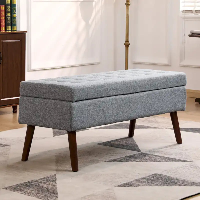 Linen Tufted Storage Bench with Safety Hinge and Wood Legs