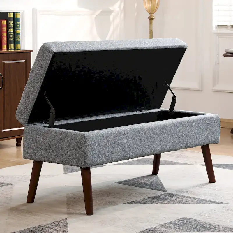 Linen Tufted Storage Bench with Safety Hinge and Wood Legs