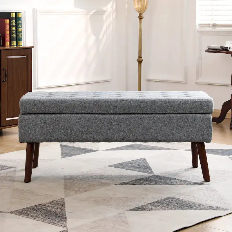 Linen Tufted Storage Bench with Safety Hinge and Wood Legs