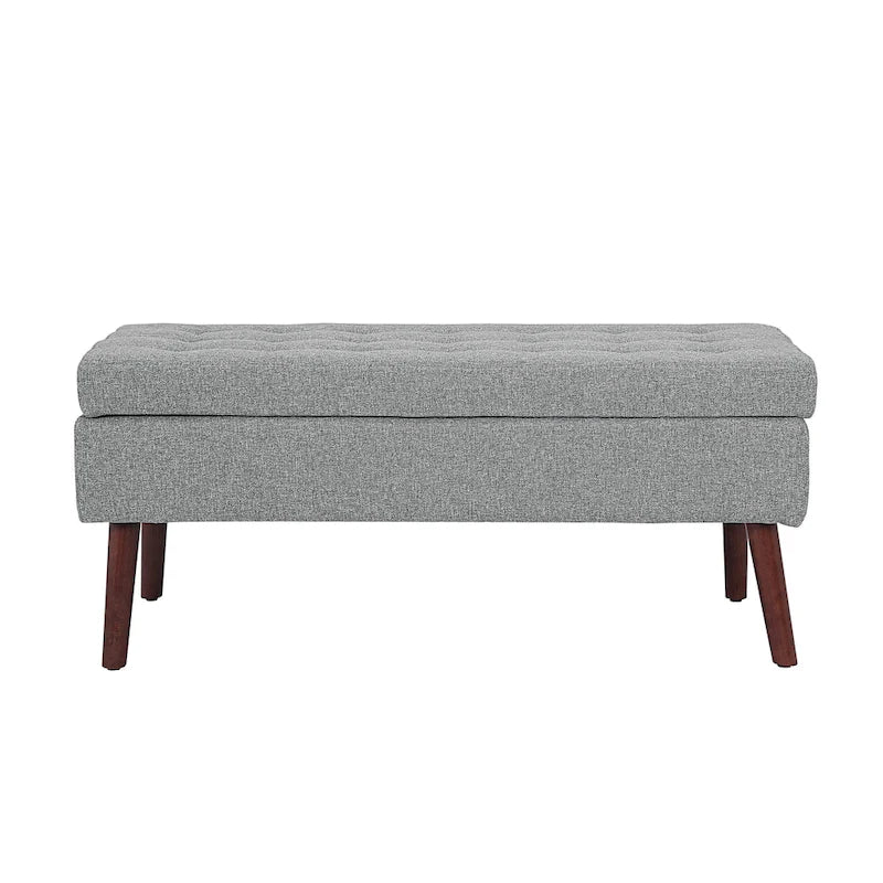 Linen Tufted Storage Bench with Safety Hinge and Wood Legs