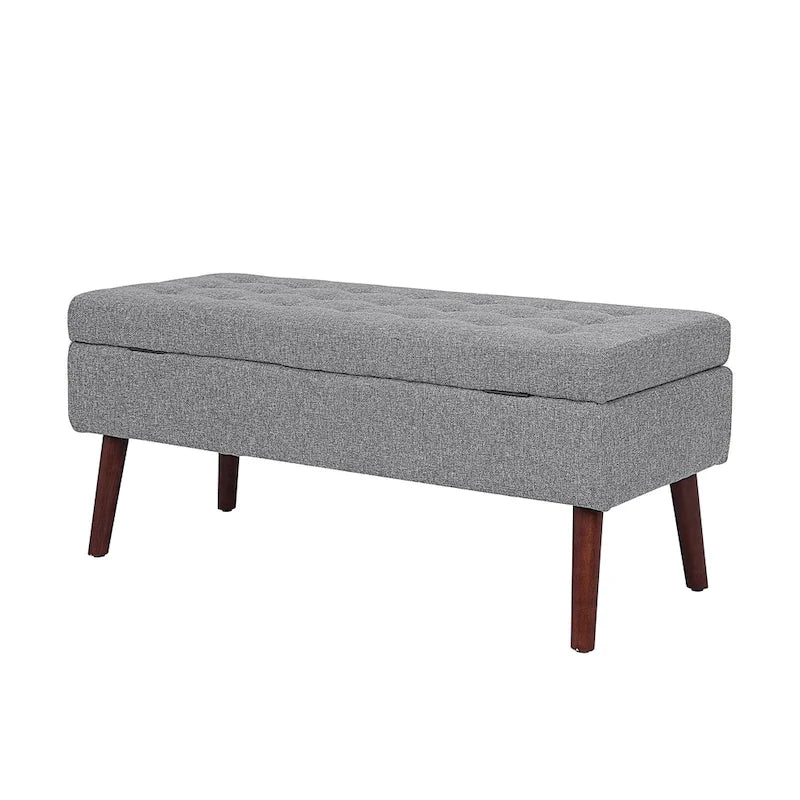 Linen Tufted Storage Bench with Safety Hinge and Wood Legs