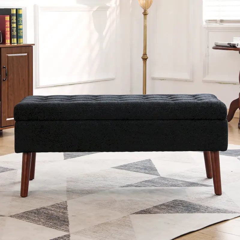 Linen Tufted Storage Bench with Safety Hinge and Wood Legs