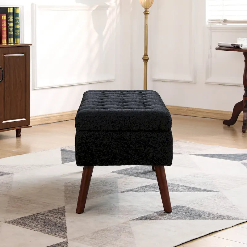 Linen Tufted Storage Bench with Safety Hinge and Wood Legs