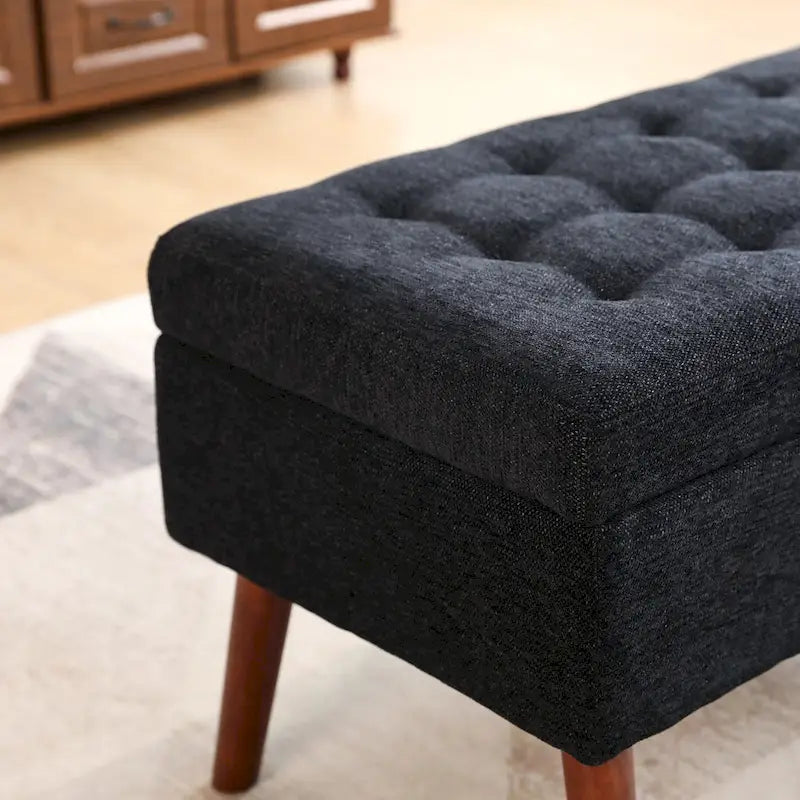 Linen Tufted Storage Bench with Safety Hinge and Wood Legs