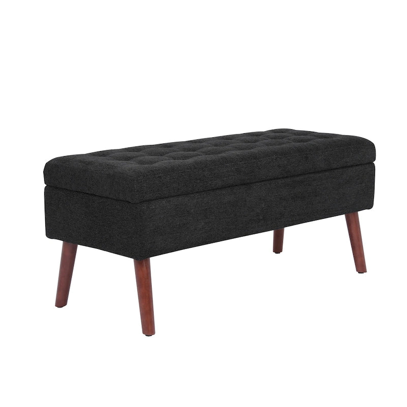 Linen Tufted Storage Bench with Safety Hinge and Wood Legs