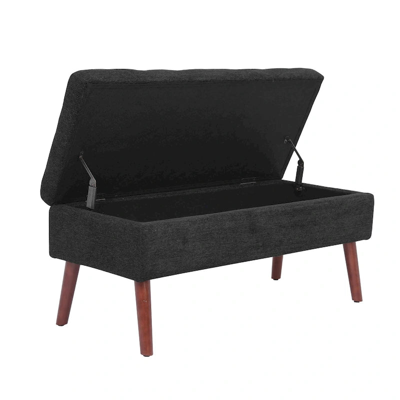 Linen Tufted Storage Bench with Safety Hinge and Wood Legs