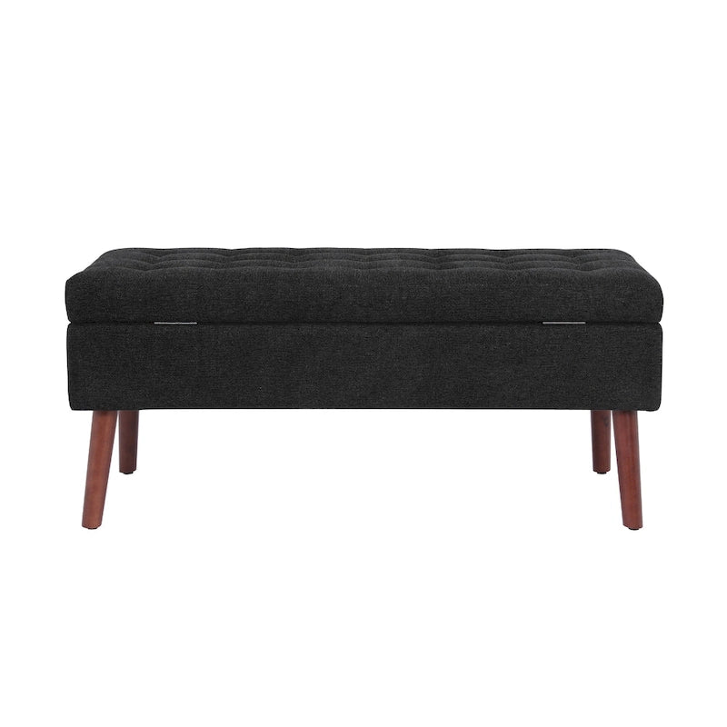 Linen Tufted Storage Bench with Safety Hinge and Wood Legs