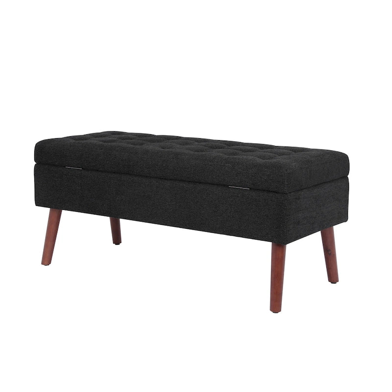 Linen Tufted Storage Bench with Safety Hinge and Wood Legs