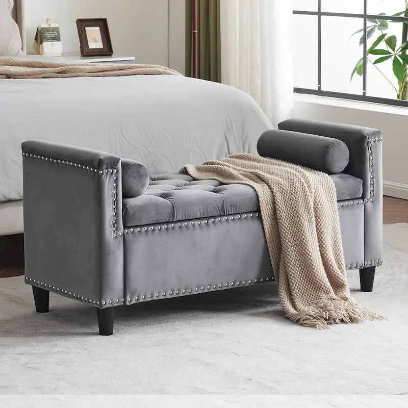 Queen Velvet Tufted Button Upholstered Storage Bench with Armrests and Nailhead Trim