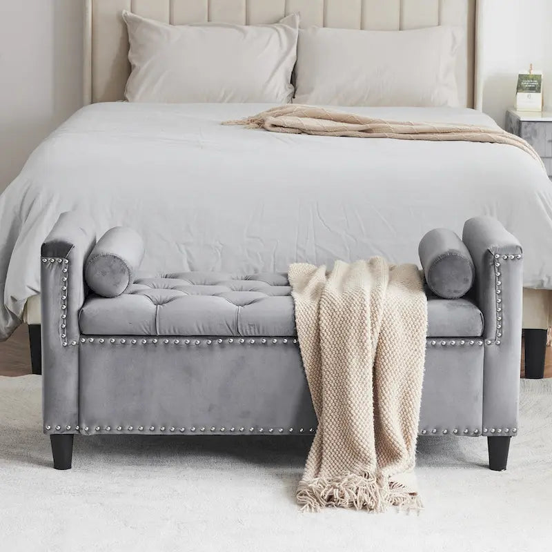 Queen Velvet Tufted Button Upholstered Storage Bench with Armrests and Nailhead Trim