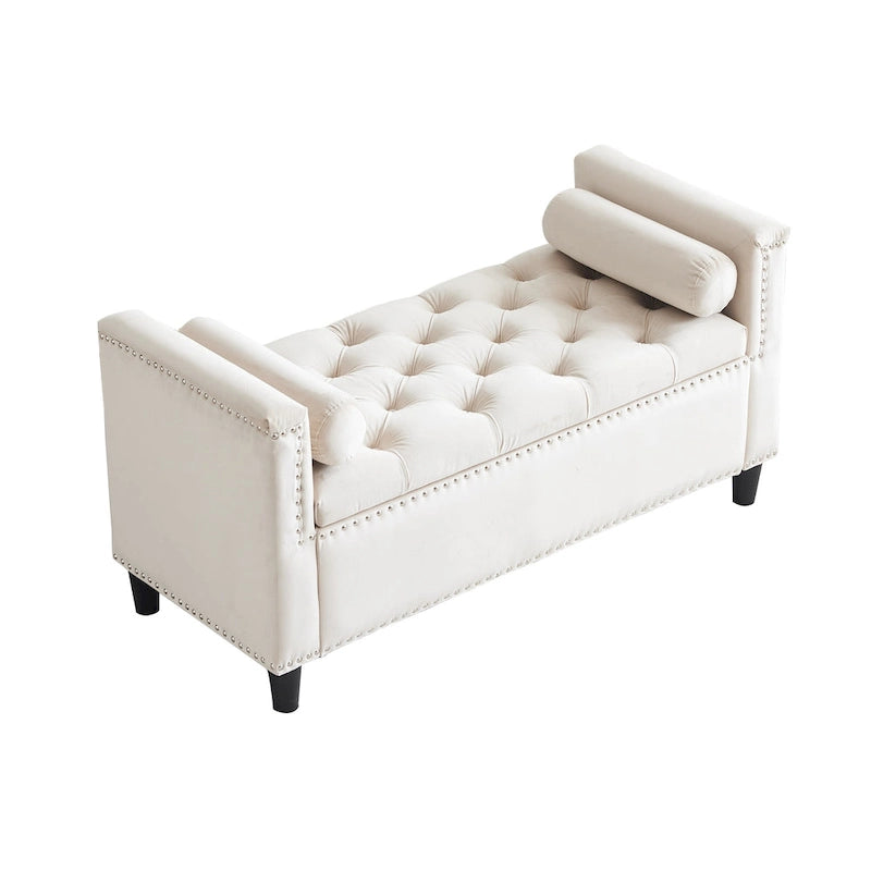 Queen Velvet Tufted Button Upholstered Storage Bench with Armrests and Nailhead Trim