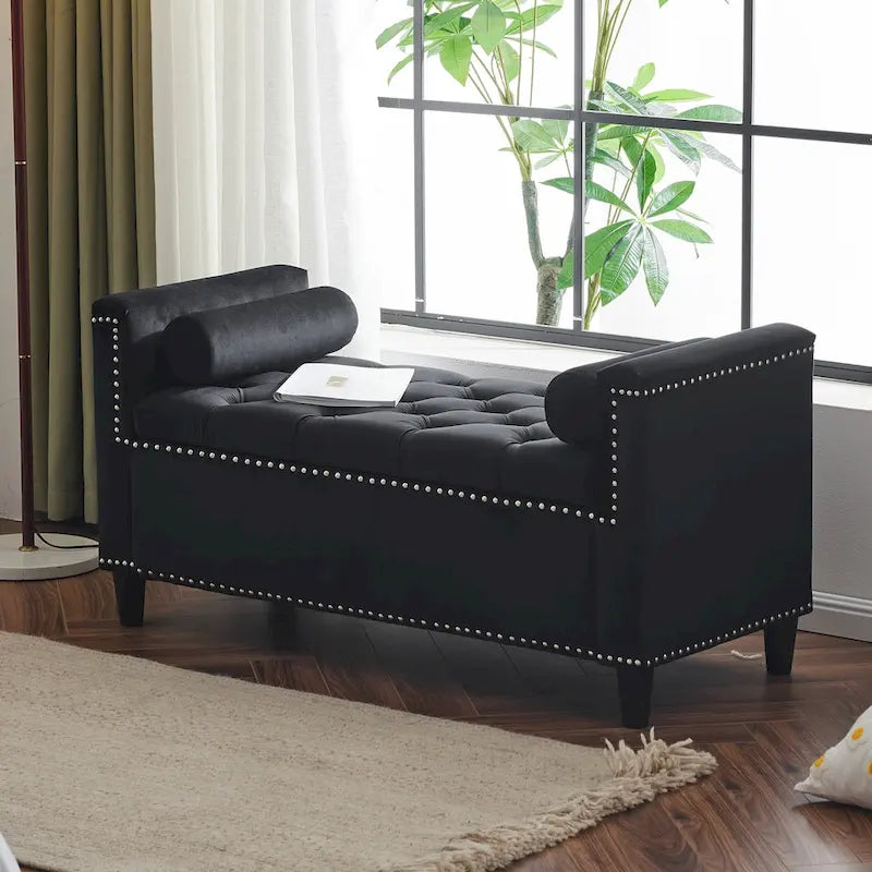 Queen Velvet Tufted Button Upholstered Storage Bench with Armrests and Nailhead Trim