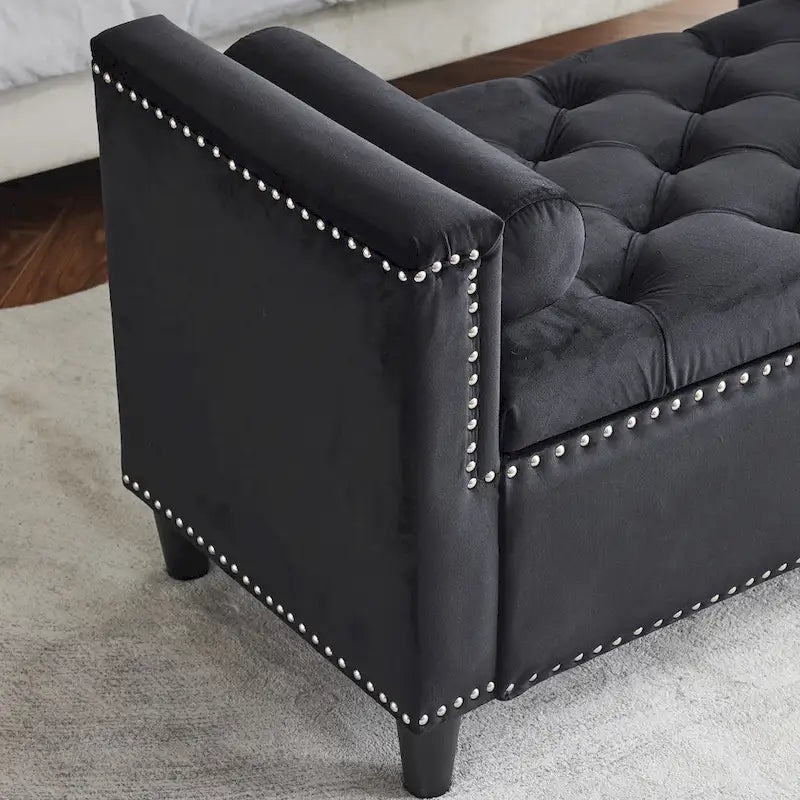 Queen Velvet Tufted Button Upholstered Storage Bench with Armrests and Nailhead Trim