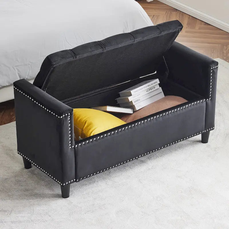 Queen Velvet Tufted Button Upholstered Storage Bench with Armrests and Nailhead Trim