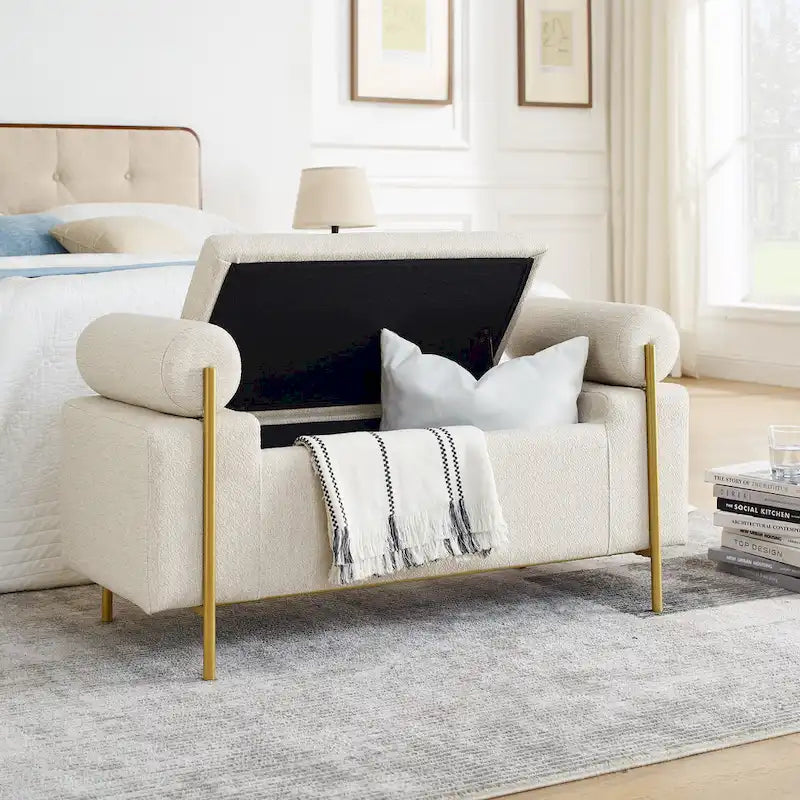 Upholstered Linen Storage Bench with Cylindrical Arms and Gold Metal Legs