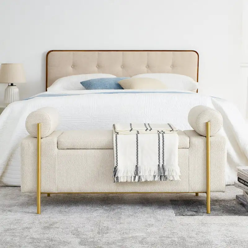 Upholstered Linen Storage Bench with Cylindrical Arms and Gold Metal Legs