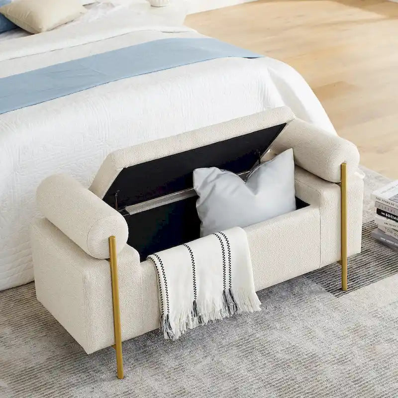 Upholstered Linen Storage Bench with Cylindrical Arms and Gold Metal Legs