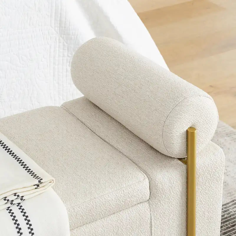Upholstered Linen Storage Bench with Cylindrical Arms and Gold Metal Legs