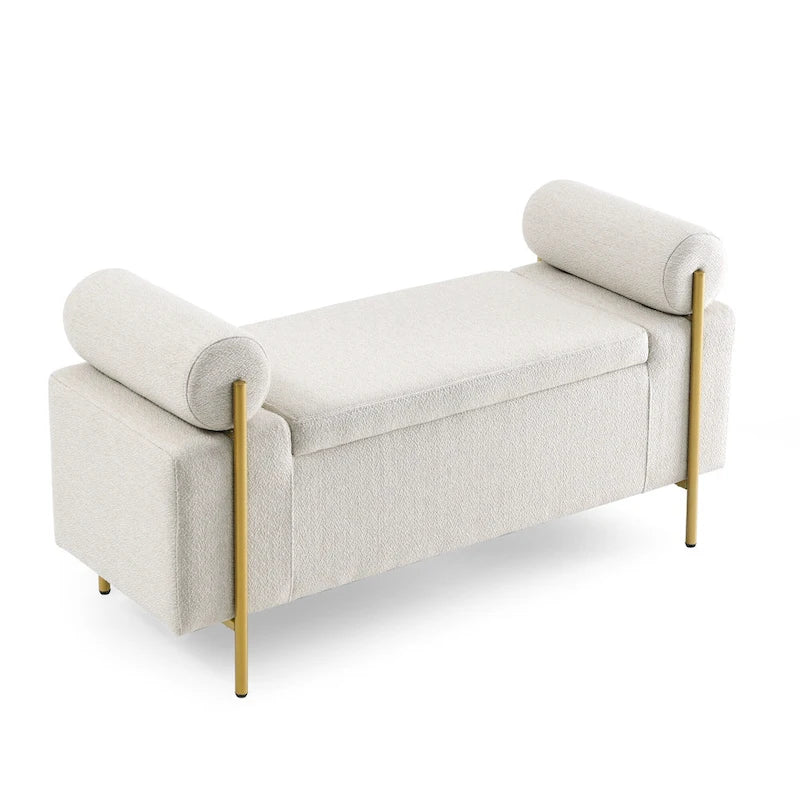 Upholstered Linen Storage Bench with Cylindrical Arms and Gold Metal Legs