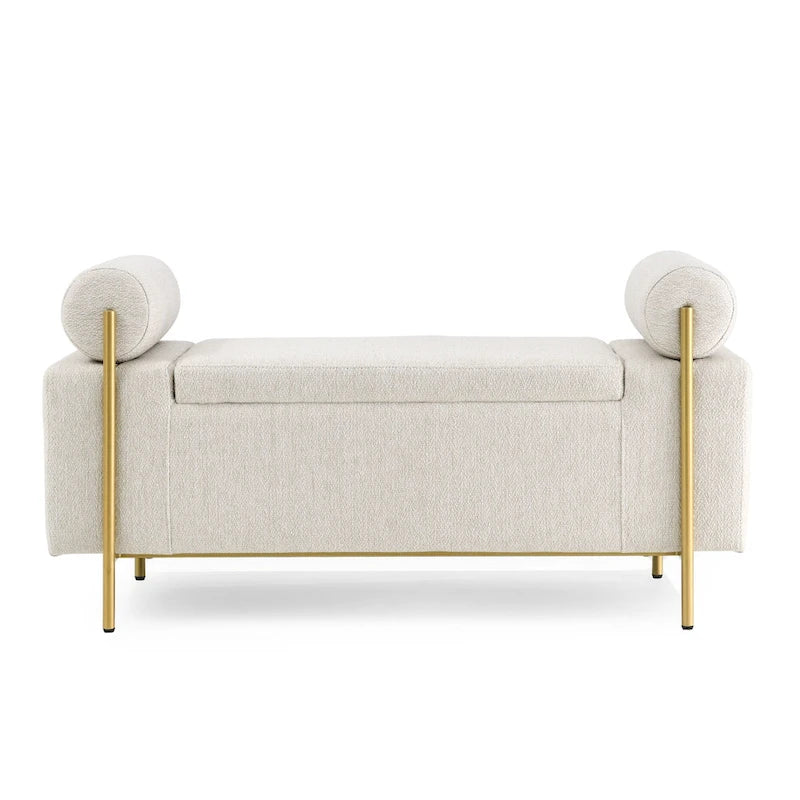 Upholstered Linen Storage Bench with Cylindrical Arms and Gold Metal Legs