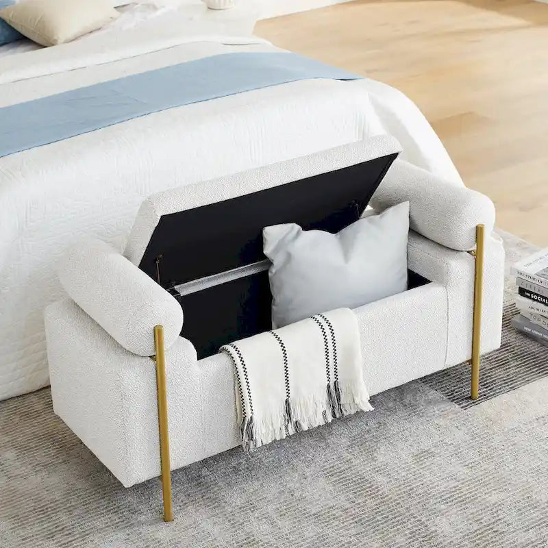 Upholstered Linen Storage Bench with Cylindrical Arms and Gold Metal Legs