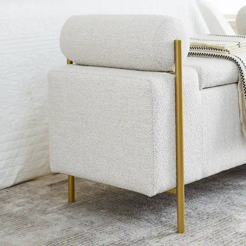 Upholstered Linen Storage Bench with Cylindrical Arms and Gold Metal Legs