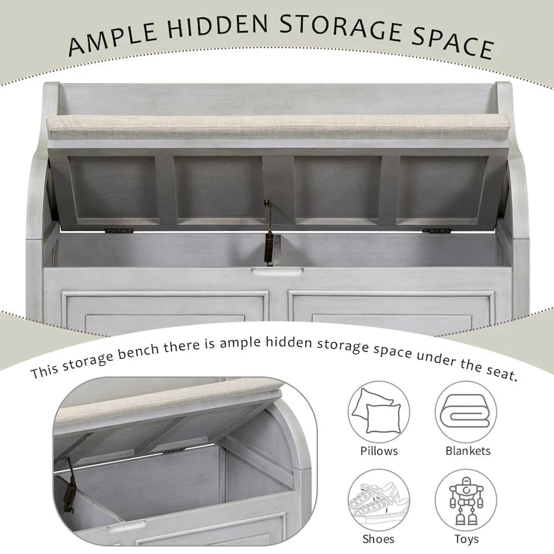 Rustic Style Solid wood Entryway Multifunctional Storage Bench with Safety Hinge