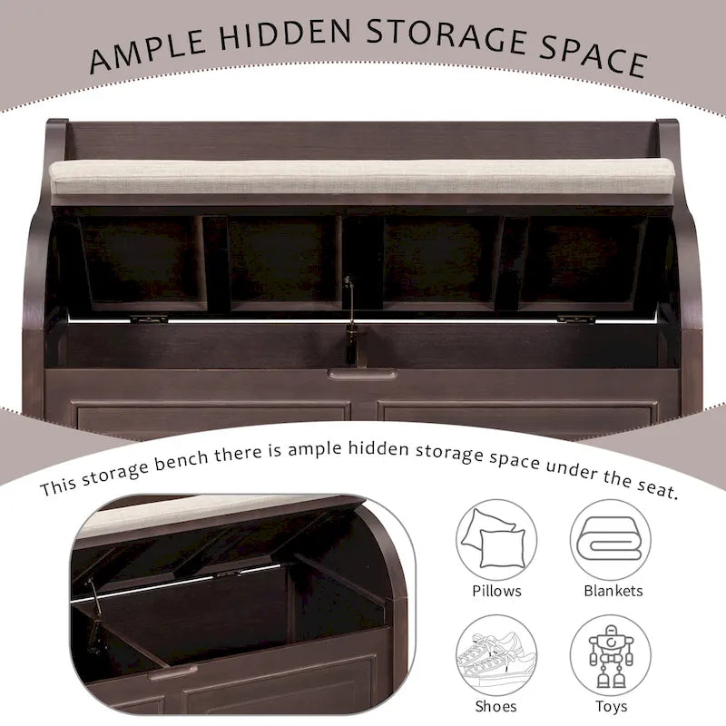 Rustic Style Solid wood Entryway Multifunctional Storage Bench with Safety Hinge