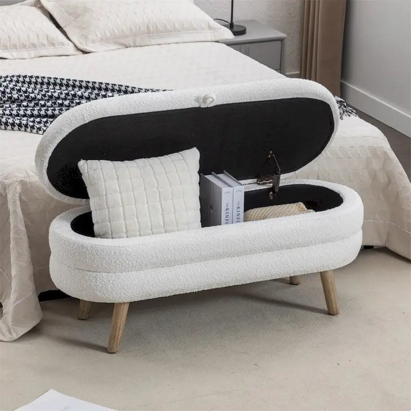 Boucle Fabric Storage Bench Bedroom Bench w/Wood Legs For Living Room