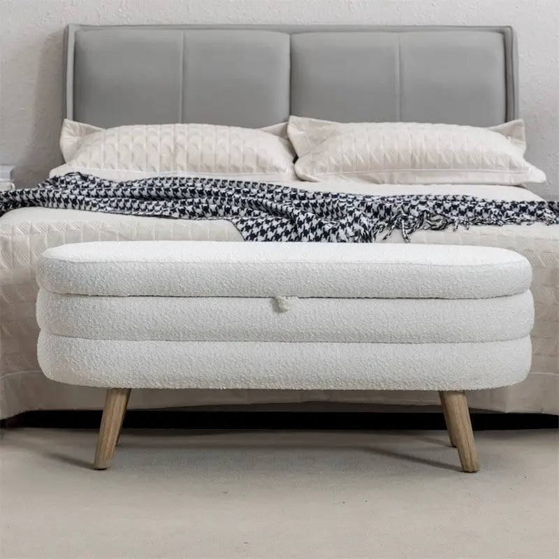 Boucle Fabric Storage Bench Bedroom Bench w/Wood Legs For Living Room