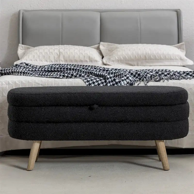 Boucle Fabric Storage Bench Bedroom Bench w/Wood Legs For Living Room