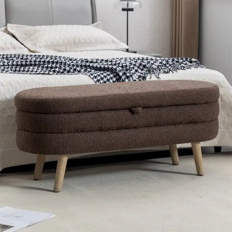 Boucle Fabric Storage Bench Bedroom Bench w/Wood Legs For Living Room