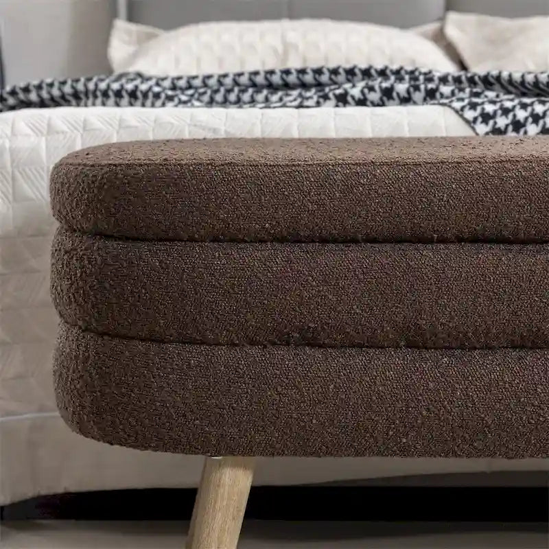Boucle Fabric Storage Bench Bedroom Bench w/Wood Legs For Living Room