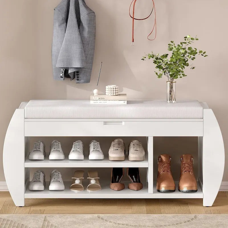 Multi Functional Storage Bench With Hidden Compartment And Open Shelf