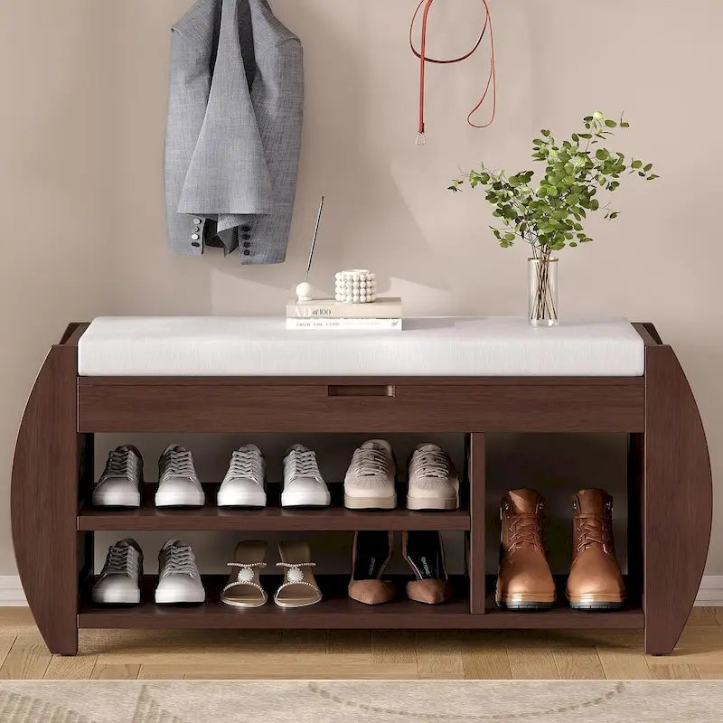 Multi Functional Storage Bench With Hidden Compartment And Open Shelf