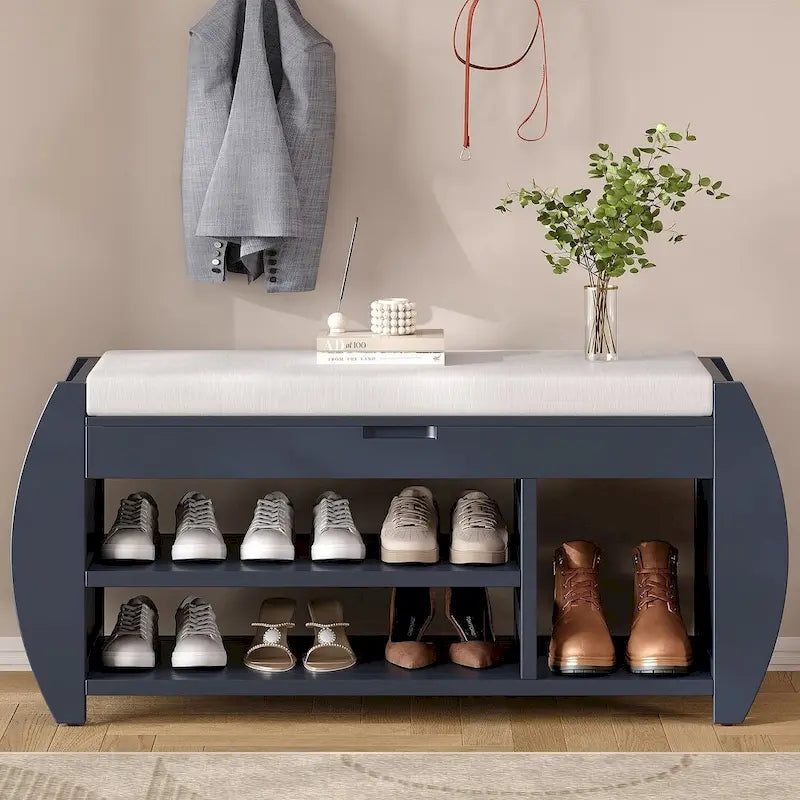 Multi Functional Storage Bench With Hidden Compartment And Open Shelf