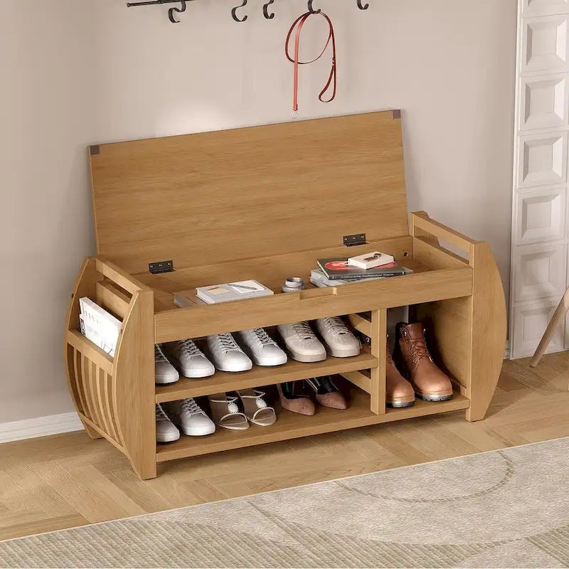 Multi Functional Storage Bench With Hidden Compartment And Open Shelf